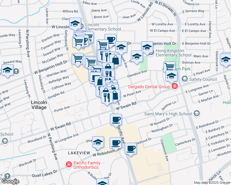 map of restaurants, bars, coffee shops, grocery stores, and more near 6199 Evelyn Avenue in Stockton