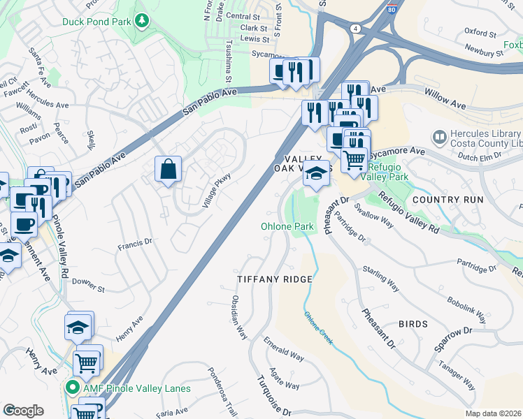 map of restaurants, bars, coffee shops, grocery stores, and more near 109 Jasper Court in Hercules