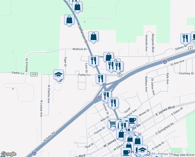 map of restaurants, bars, coffee shops, grocery stores, and more near 801 North Jefferson Street in Saint James