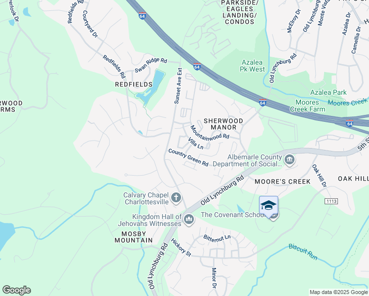 map of restaurants, bars, coffee shops, grocery stores, and more near 1315 Villa Way in Charlottesville