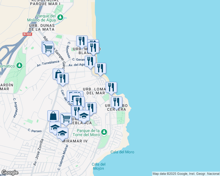 map of restaurants, bars, coffee shops, grocery stores, and more near 1F Calle Ávila in Torrevieja