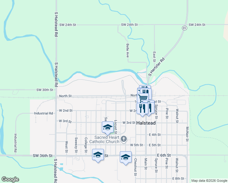 map of restaurants, bars, coffee shops, grocery stores, and more near 332 North Street in Halstead