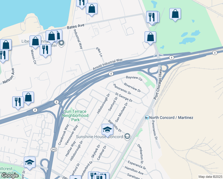 map of restaurants, bars, coffee shops, grocery stores, and more near 2265 Panoramic Drive in Concord