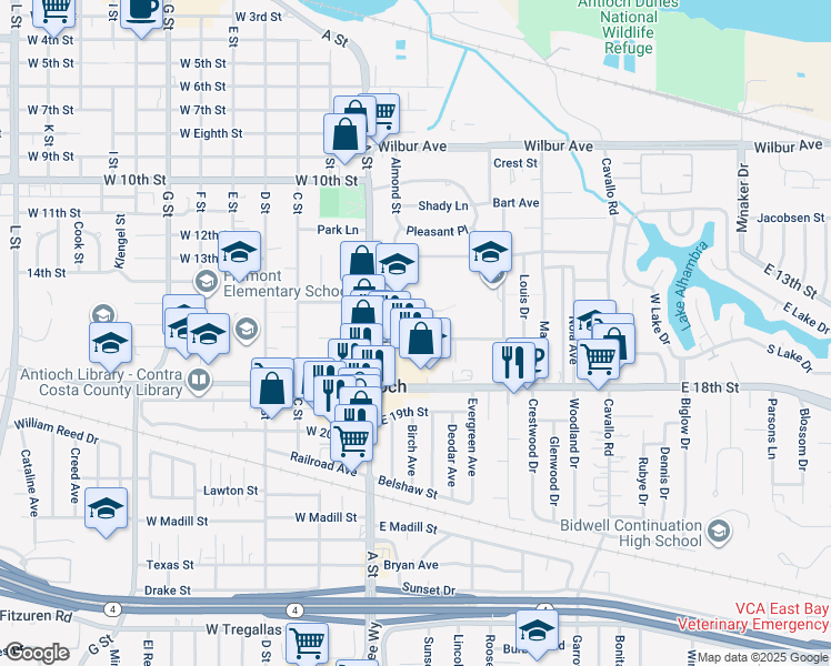 map of restaurants, bars, coffee shops, grocery stores, and more near 35 East 16th Street in Antioch
