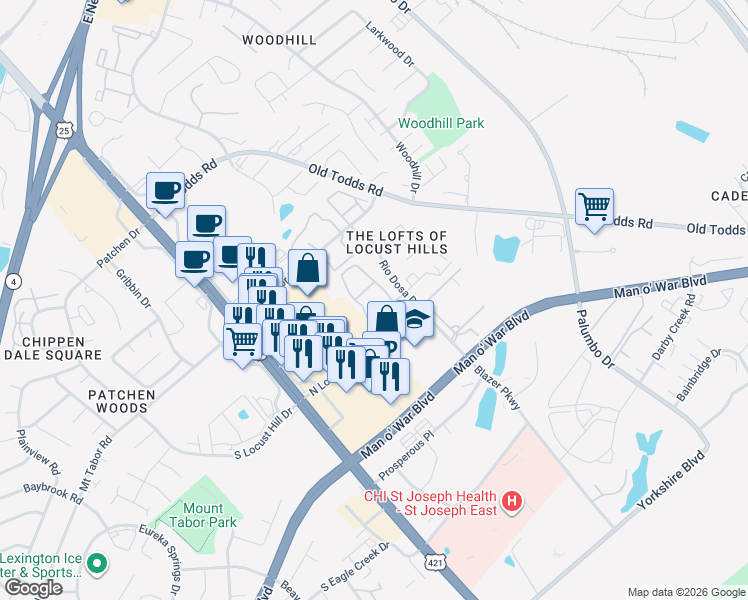 map of restaurants, bars, coffee shops, grocery stores, and more near 175 North Locust Hill Road in Lexington