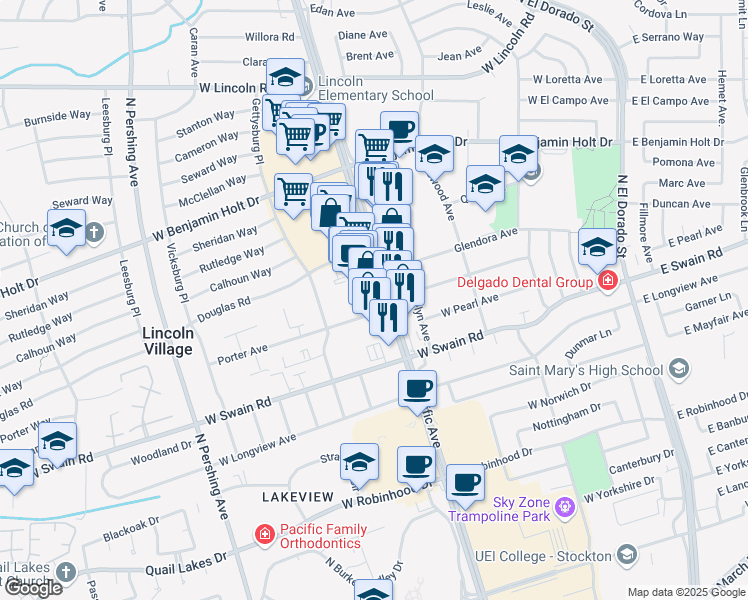 map of restaurants, bars, coffee shops, grocery stores, and more near 6283 Pacific Avenue in Stockton