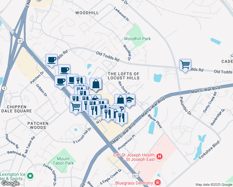 map of restaurants, bars, coffee shops, grocery stores, and more near 175 North Locust Hill Drive in Lexington