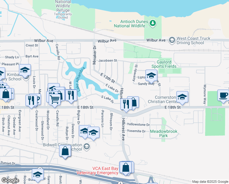 map of restaurants, bars, coffee shops, grocery stores, and more near 120 East Lake Drive in Antioch