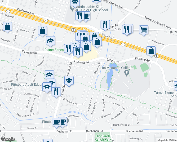 map of restaurants, bars, coffee shops, grocery stores, and more near in Pittsburg