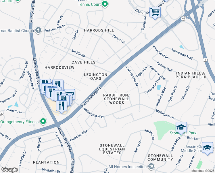 map of restaurants, bars, coffee shops, grocery stores, and more near 3524 Rabbits Foot Trail in Lexington
