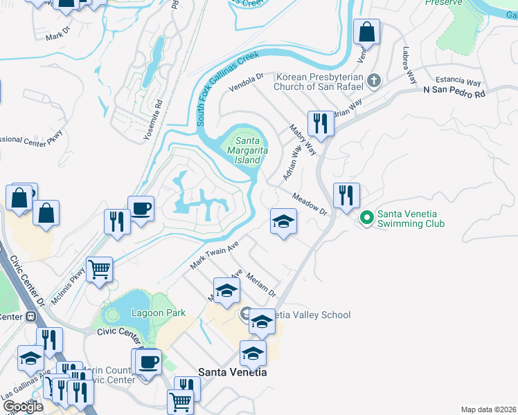 map of restaurants, bars, coffee shops, grocery stores, and more near 75 Schmidt Lane in San Rafael