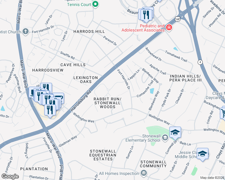 map of restaurants, bars, coffee shops, grocery stores, and more near 3505 Rabbits Foot Trail in Lexington