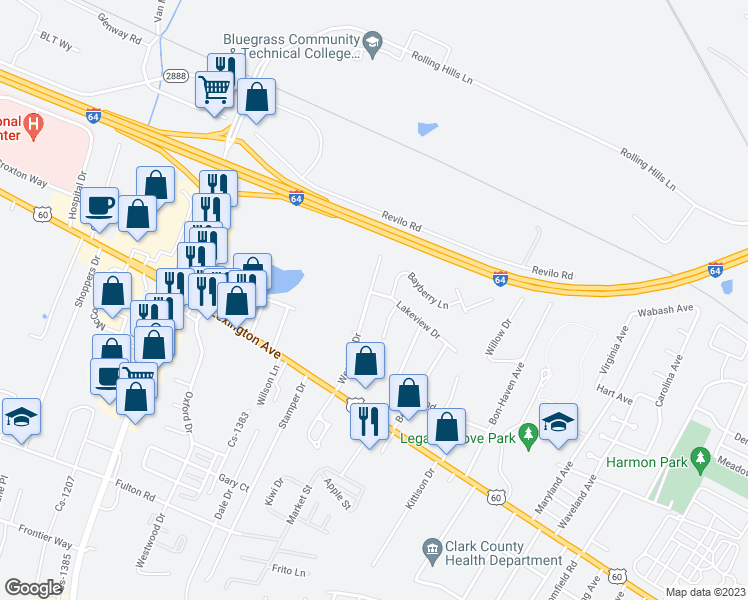 map of restaurants, bars, coffee shops, grocery stores, and more near 160 Westside Drive in Winchester