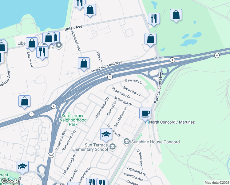 map of restaurants, bars, coffee shops, grocery stores, and more near 2283 Panoramic Drive in Concord