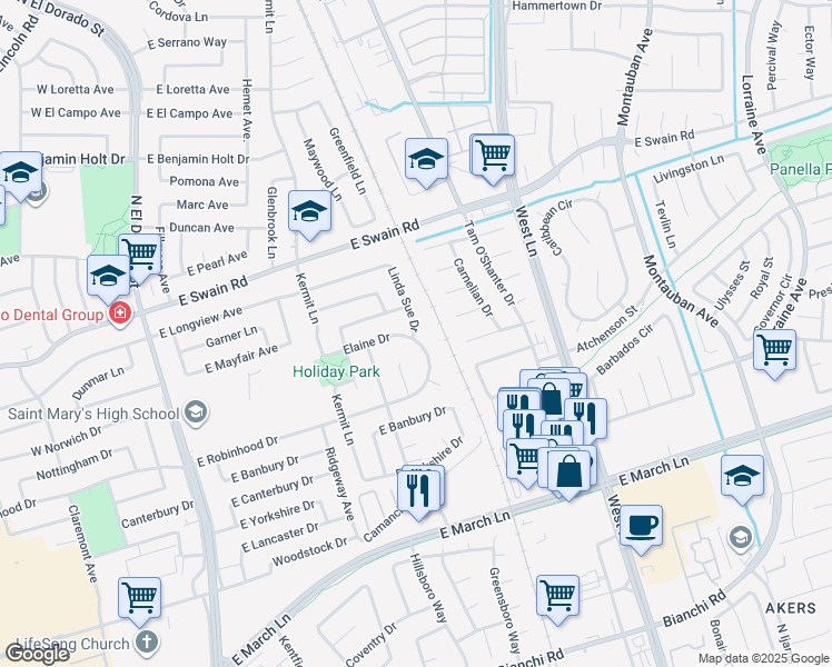 map of restaurants, bars, coffee shops, grocery stores, and more near 5708 Linda Sue Drive in Stockton