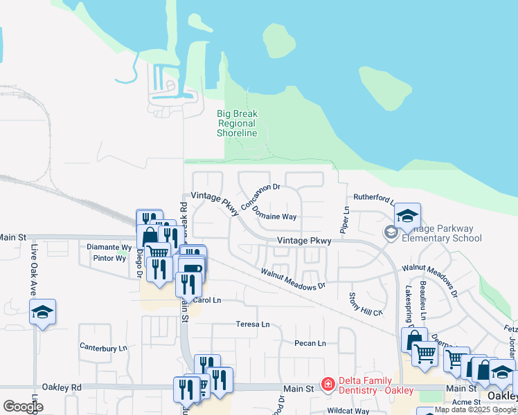 map of restaurants, bars, coffee shops, grocery stores, and more near 951 Weibel Circle in Oakley