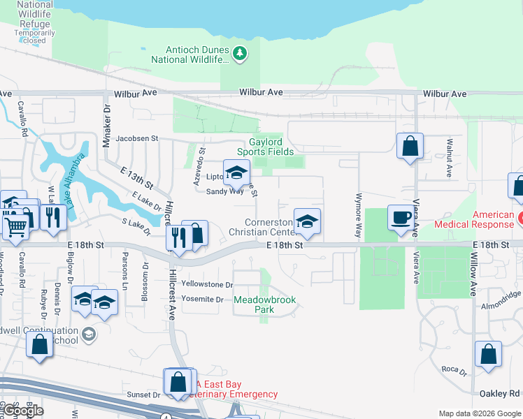 map of restaurants, bars, coffee shops, grocery stores, and more near 1413 Hargrove Street in Antioch