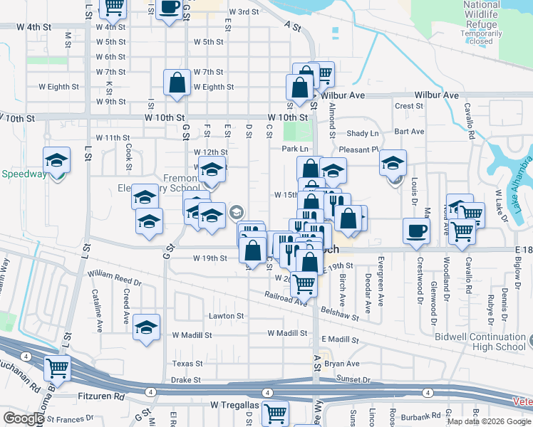 map of restaurants, bars, coffee shops, grocery stores, and more near 1510 C Street in Antioch