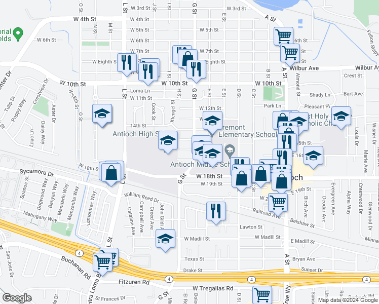 map of restaurants, bars, coffee shops, grocery stores, and more near 518 West 16th Street in Antioch
