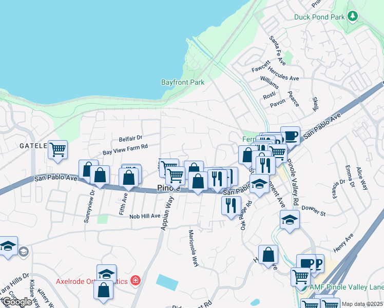 map of restaurants, bars, coffee shops, grocery stores, and more near 1788 Primrose Lane in Pinole