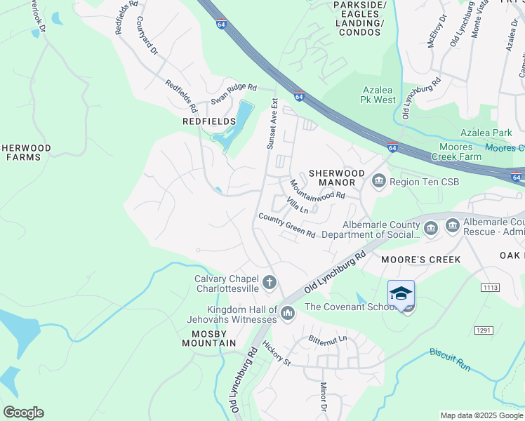 map of restaurants, bars, coffee shops, grocery stores, and more near 1343 Villa Way in Charlottesville