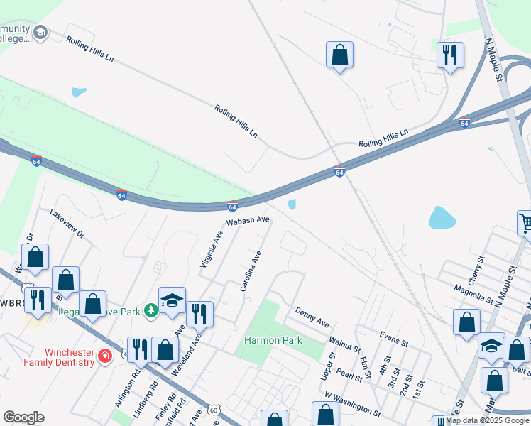 map of restaurants, bars, coffee shops, grocery stores, and more near 198 Wabash Avenue in Winchester