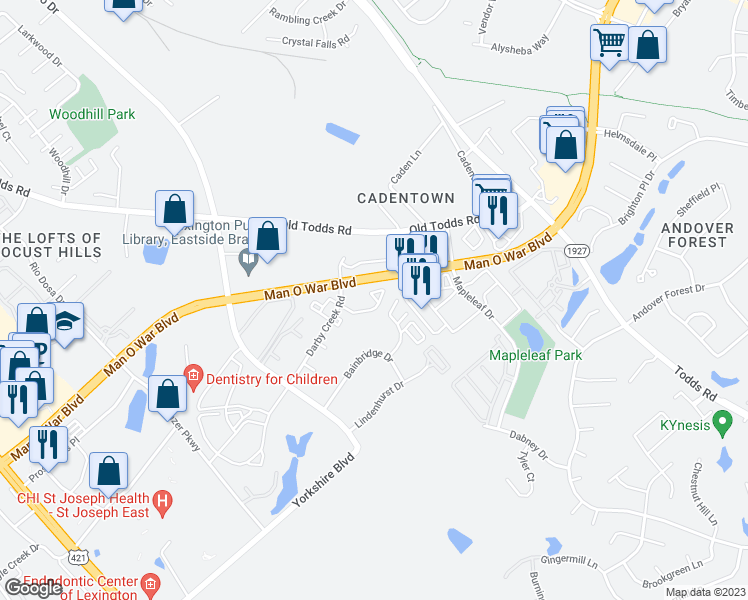 map of restaurants, bars, coffee shops, grocery stores, and more near 498 Darby Creek Road in Lexington