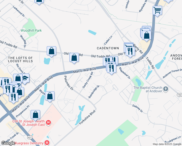 map of restaurants, bars, coffee shops, grocery stores, and more near 503 Darby Creek Road in Lexington