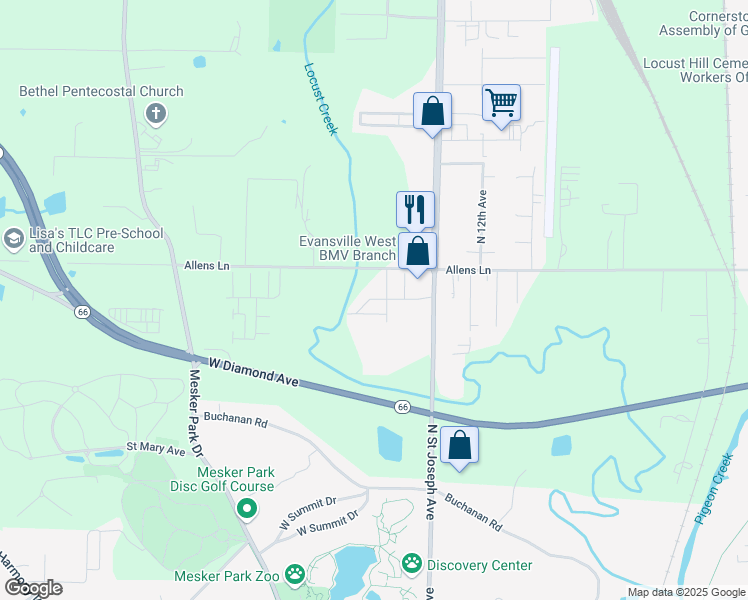 map of restaurants, bars, coffee shops, grocery stores, and more near 2519 Leisure Lane in Evansville