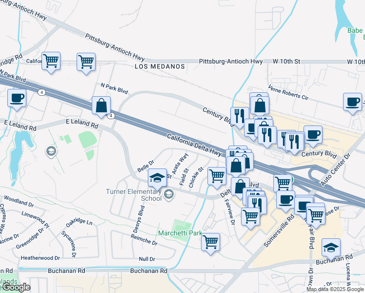 map of restaurants, bars, coffee shops, grocery stores, and more near 4304 Belle Drive in Antioch