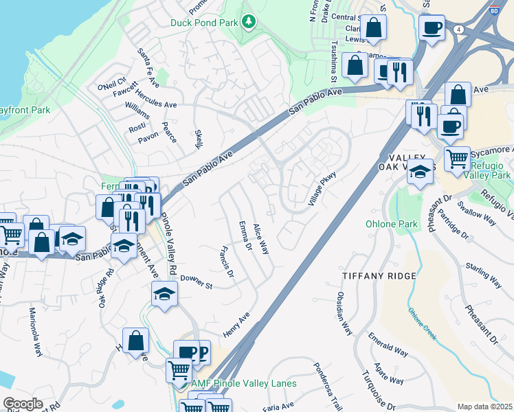 map of restaurants, bars, coffee shops, grocery stores, and more near 2667 Alice Way in Pinole