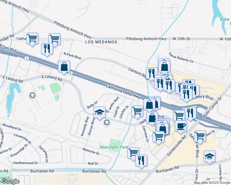 map of restaurants, bars, coffee shops, grocery stores, and more near 4304 Belle Drive in Antioch