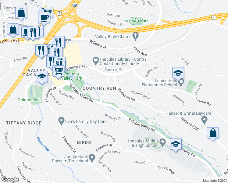 map of restaurants, bars, coffee shops, grocery stores, and more near 322 Valley Run in Hercules