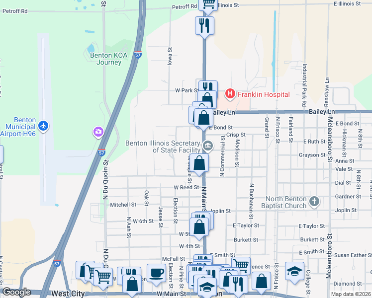map of restaurants, bars, coffee shops, grocery stores, and more near 101-199 W Ruth St in Benton