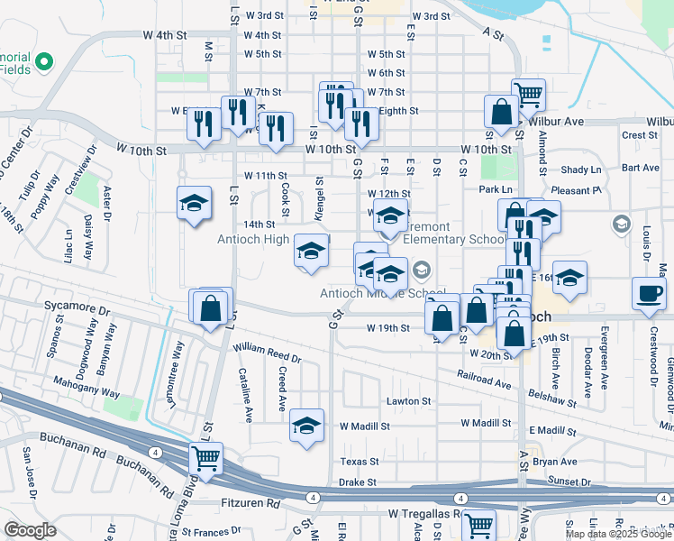 map of restaurants, bars, coffee shops, grocery stores, and more near 623 West 16th Street in Antioch
