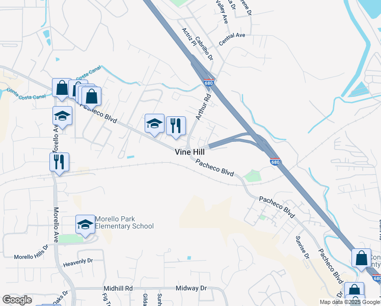 map of restaurants, bars, coffee shops, grocery stores, and more near Pacheco Boulevard & Arthur Road in Vine Hill