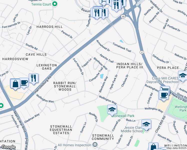 map of restaurants, bars, coffee shops, grocery stores, and more near 805 Quarter Horse Court in Lexington
