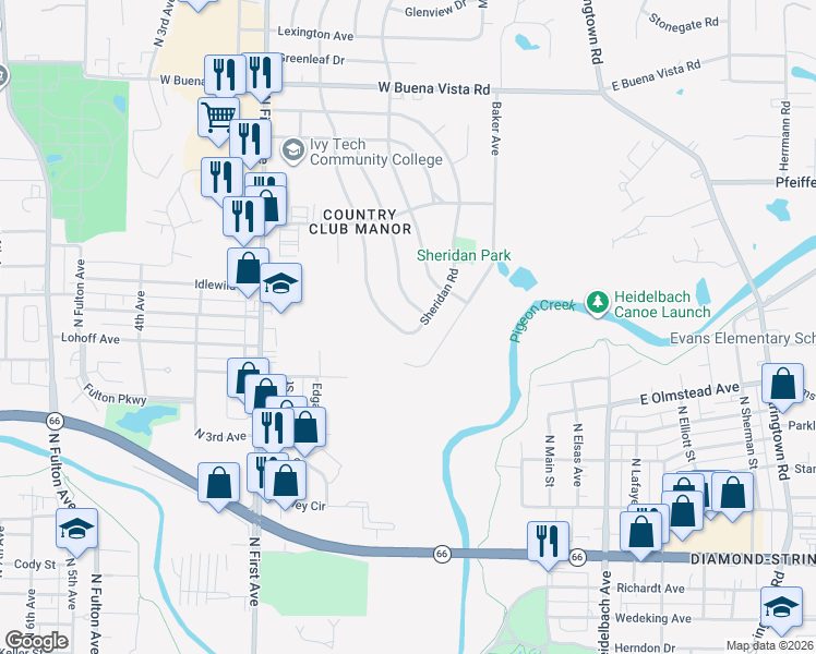 map of restaurants, bars, coffee shops, grocery stores, and more near 3104 Kensington Avenue in Evansville