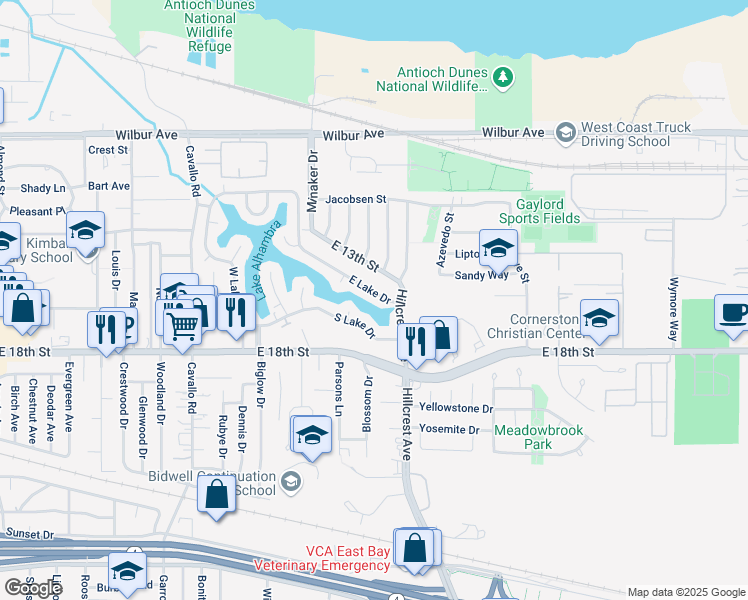 map of restaurants, bars, coffee shops, grocery stores, and more near 104 East Lake Drive in Antioch