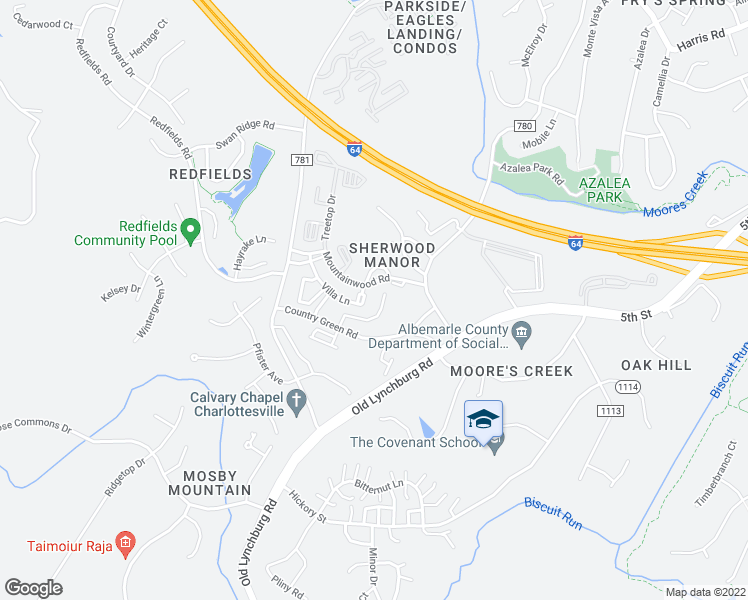 map of restaurants, bars, coffee shops, grocery stores, and more near 1207 Villa Lane in Charlottesville