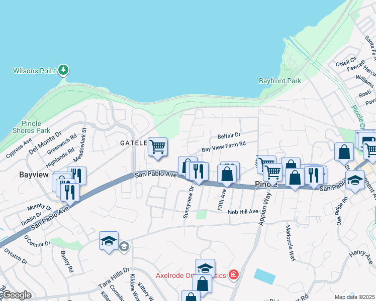 map of restaurants, bars, coffee shops, grocery stores, and more near 585 Sunnyview Drive in Pinole