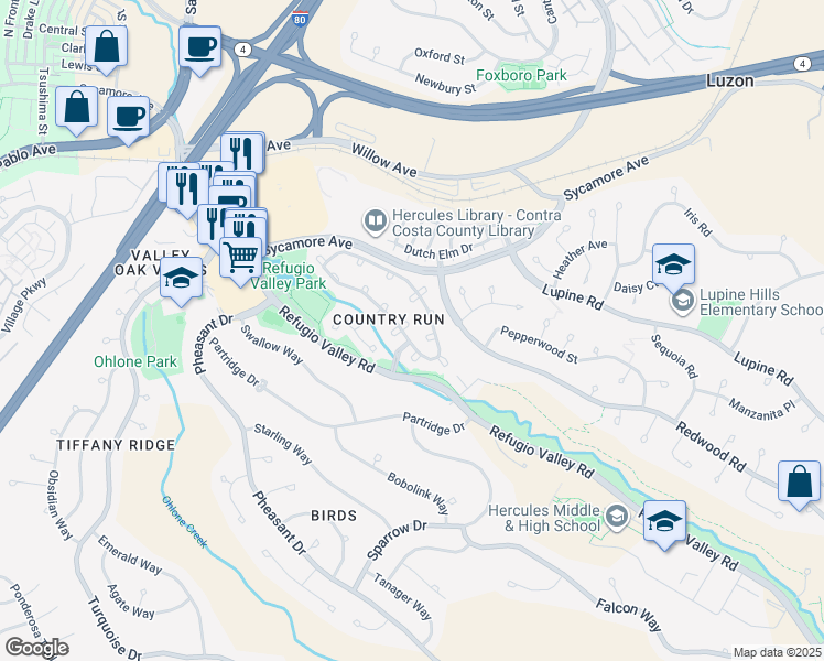 map of restaurants, bars, coffee shops, grocery stores, and more near 3 Moraine Court in Hercules