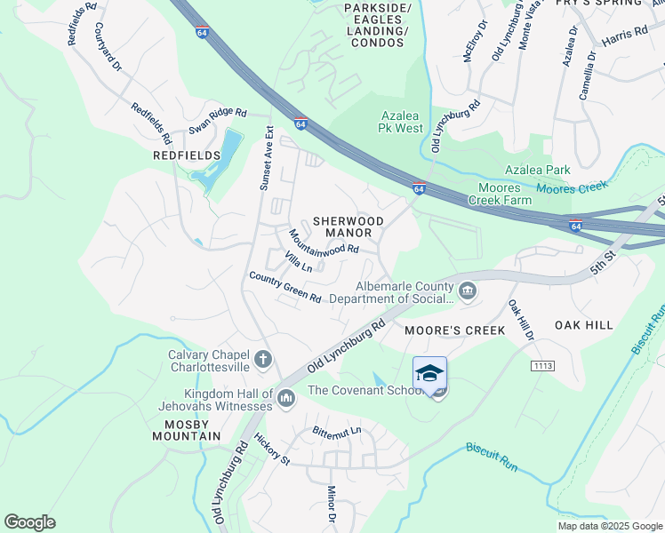 map of restaurants, bars, coffee shops, grocery stores, and more near 1207 Villa Lane in Charlottesville