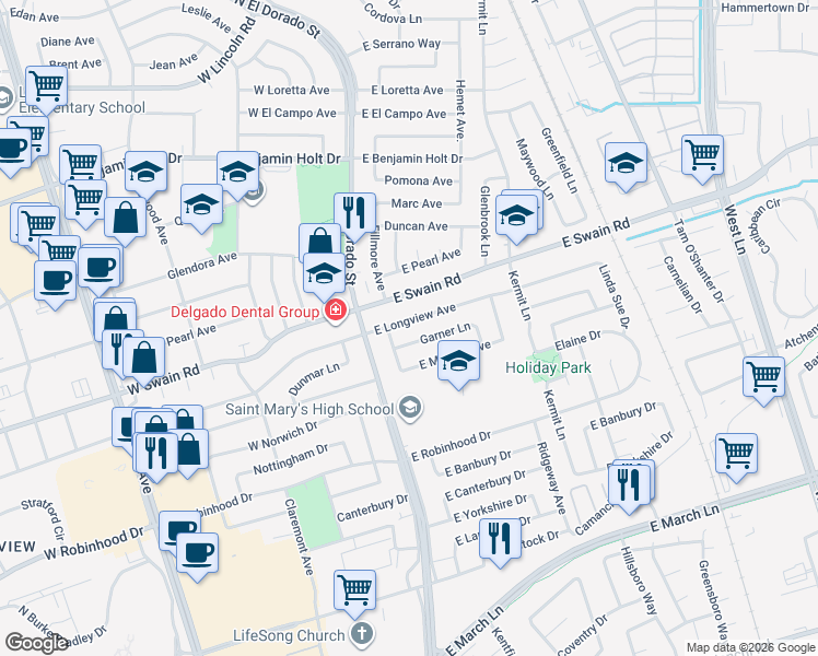 map of restaurants, bars, coffee shops, grocery stores, and more near 212 East Longview Avenue in Stockton