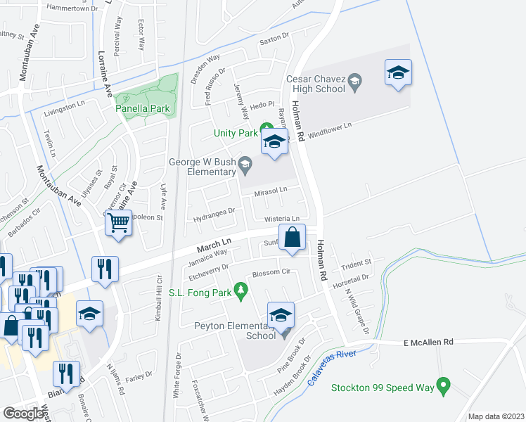 map of restaurants, bars, coffee shops, grocery stores, and more near 5211 Agapanthus Court in Stockton