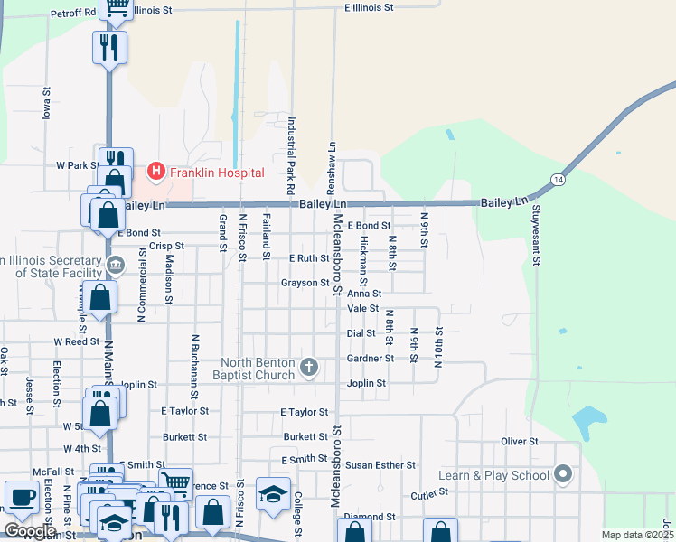 map of restaurants, bars, coffee shops, grocery stores, and more near 1000 Mcleansboro Street in Benton