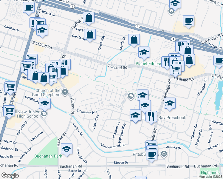 map of restaurants, bars, coffee shops, grocery stores, and more near 109 Reef Drive in Pittsburg