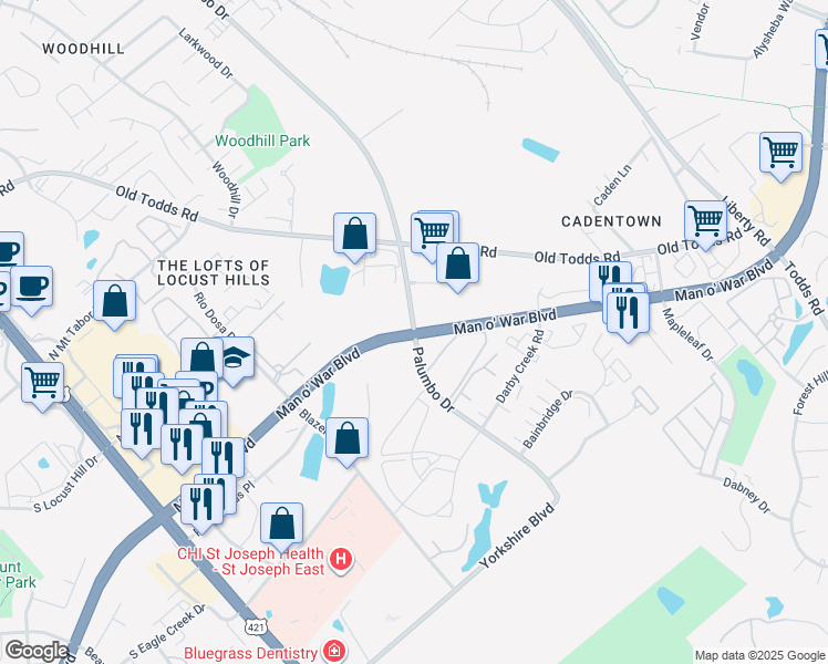 map of restaurants, bars, coffee shops, grocery stores, and more near Man o' War Blvd & Palumbo Dr in Lexington
