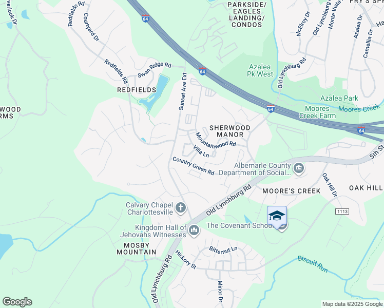 map of restaurants, bars, coffee shops, grocery stores, and more near 1313 Villa Way in Charlottesville