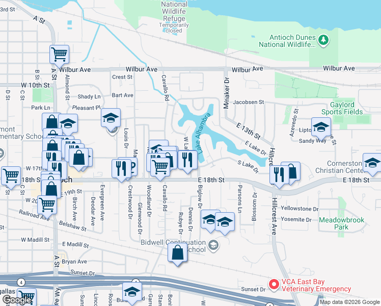 map of restaurants, bars, coffee shops, grocery stores, and more near 89 West Lake Drive in Antioch